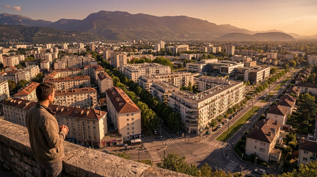 Homme regardant les quartiers de Saint-Martin-d'Hères: immeubles, rues et montagnes majestueuses sous un ciel doré.