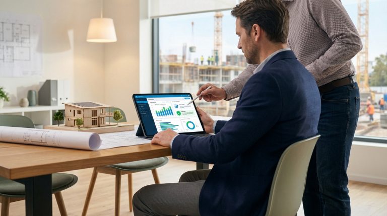 Two men analyze construction project finances on a tablet displaying charts. A house model, blueprints, and a construction site are visible.