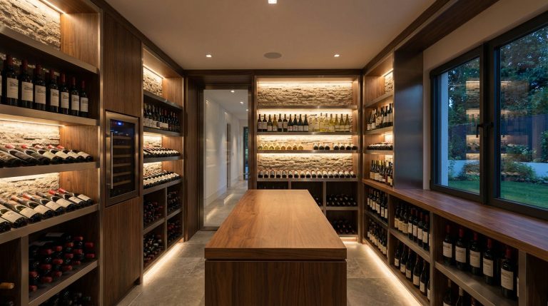 A luxurious, modern home wine cellar with dark wood and metal shelving, warm lighting, and a vast, organized collection of wine.