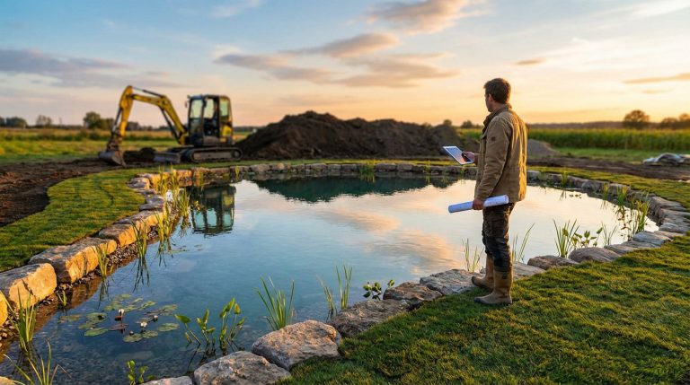 Figure with blueprint and tablet surveys a newly created pond reflecting a warm sunset sky. Fresh grass, stone edging, and an excavator are visible.