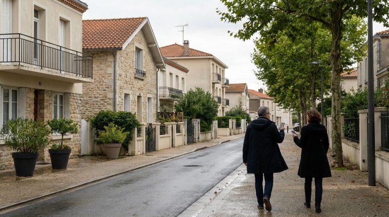 Vue arrière de deux personnes marchant sur un trottoir humide dans une rue résidentielle bordée de maisons claires et d'arbres verts.