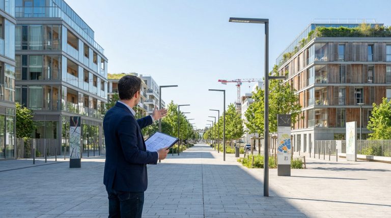 Homme en veste montrant des plans dans un quartier urbain moderne, avec des immeubles neufs et une allée arborée.