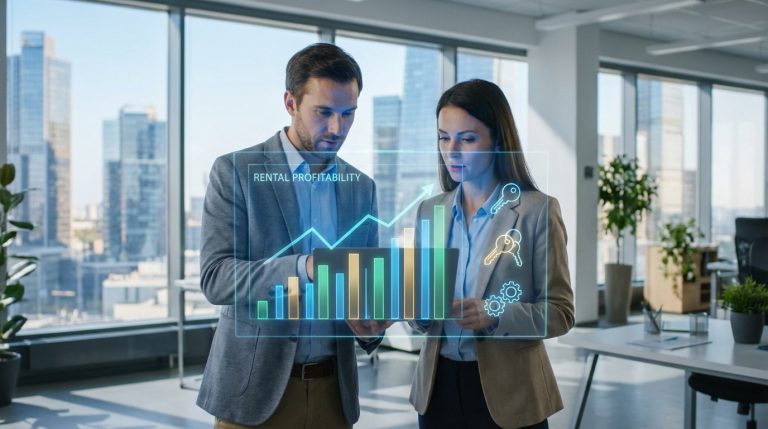Deux professionnels analysent un hologramme affichant la rentabilité locative, avec des graphiques et icônes de clés.
