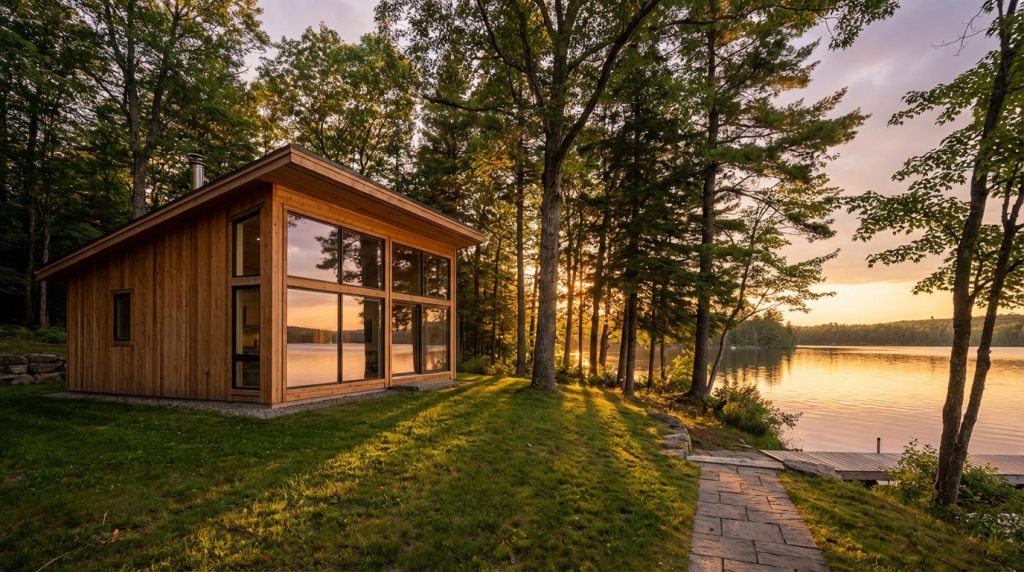 Chalet moderne en bois aux grandes fenêtres face à un lac, baigné par la lumière dorée du coucher de soleil à travers les arbres, avec un chemin menant à un ponton.