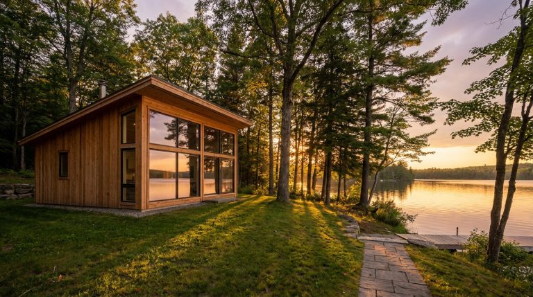 Chalet moderne en bois aux grandes fenêtres face à un lac, baigné par la lumière dorée du coucher de soleil à travers les arbres, avec un chemin menant à un ponton.