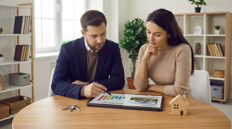 Un homme et une femme analysent des données d'investissement locatif sur une tablette, avec une maquette de maison et des clés.