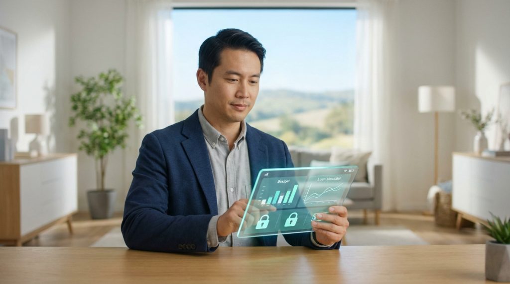 Homme asiatique gérant budget et simulant un prêt sur tablette holographique transparente dans un bureau moderne.