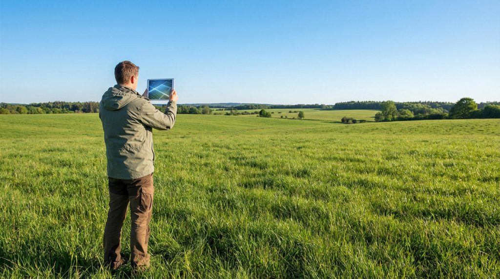 Un homme dos à la caméra mesure un vaste champ vert avec une tablette affichant une grille numérique sous un ciel bleu.