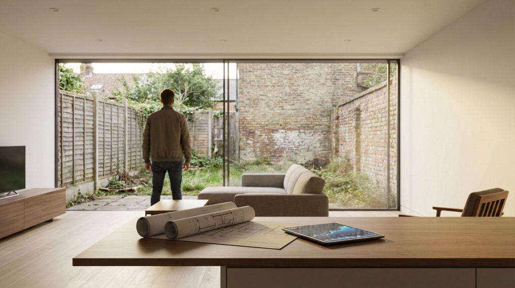 Homme de dos regardant un jardin via une grande fenêtre, avec des plans d'architecte et une tablette sur une table.