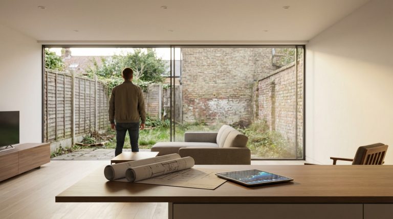 Homme de dos regardant un jardin via une grande fenêtre, avec des plans d'architecte et une tablette sur une table.