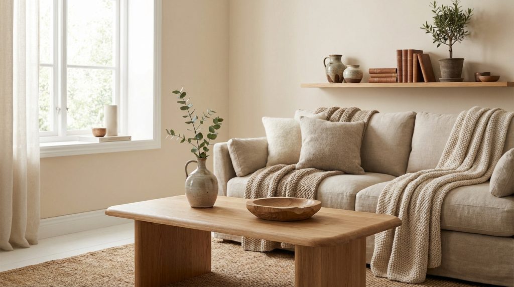 Salon lumineux et apaisant avec canapé beige, coussins, plaids tricotés, table basse bois, étagère et plantes.
