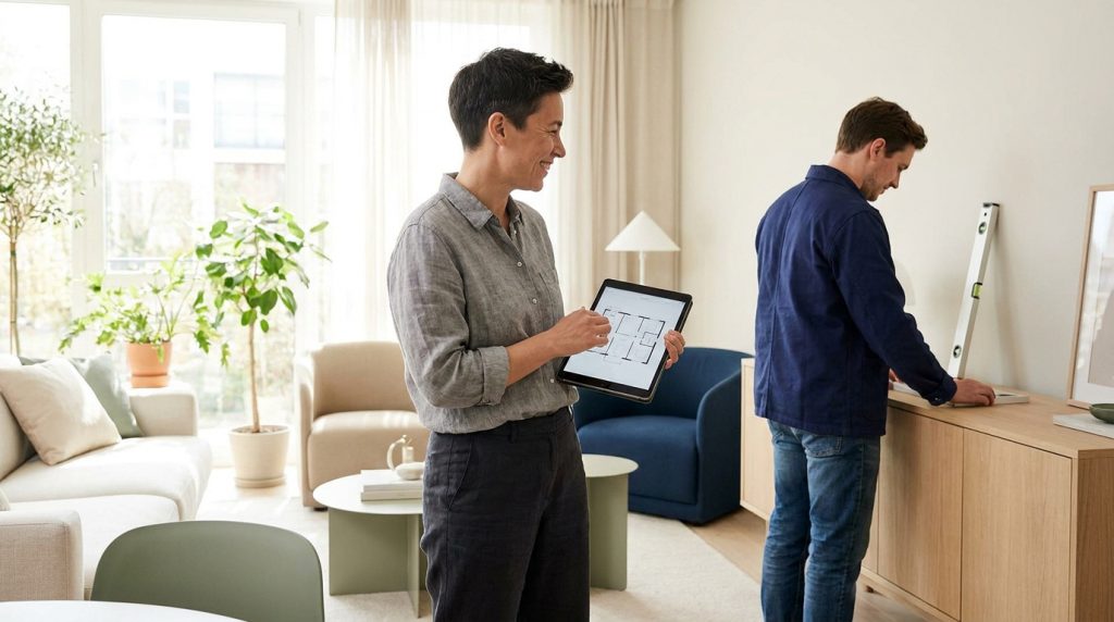 Réussir vos petits projets avec Stootie aide travaux Une femme consulte un plan sur tablette pendant qu'un homme prépare à installer un élément mural dans un salon moderne.