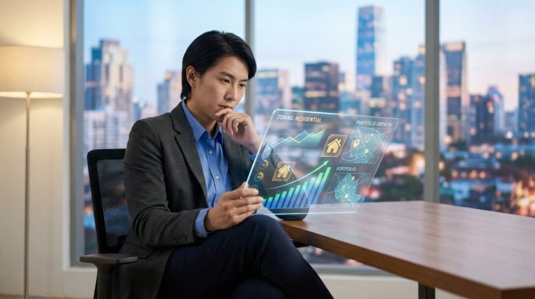 Un homme analyse des données immobilières futuristes sur une tablette transparente, avec des graphiques et des cartes, devant une ville moderne.