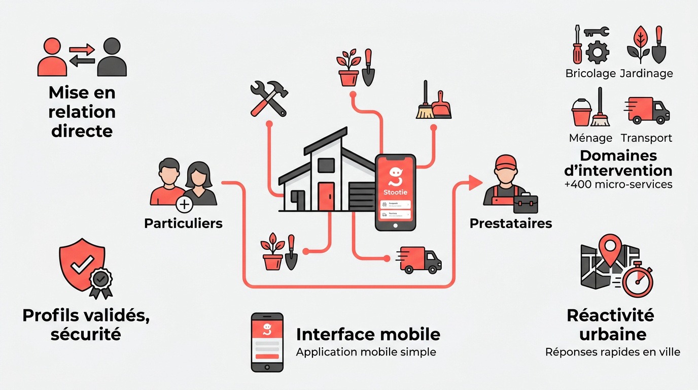 Infographie expliquant le fonctionnement des services Stootie pour les travaux