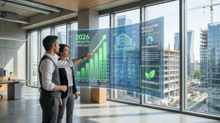 Un homme et une femme analysent un écran holographique interactif montrant les prévisions de croissance BTP 2026 et MaPrimeRénov.