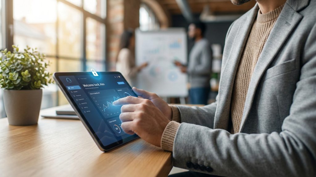 Comment réussir votre artisan clic connexion en 2026 Un homme gère un tableau de bord numérique sur tablette, visualisant des données. Un cadenas s'affiche. Des collègues collaborent en arrière-plan.