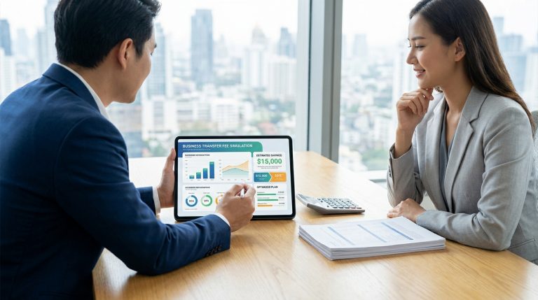 Deux professionnels consultent une simulation des frais de cession d'entreprise sur une tablette, montrant des économies estimées.