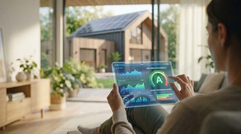 Une personne consulte un simulateur de DPE classé A sur une tablette transparente avec une maison moderne en arrière-plan.