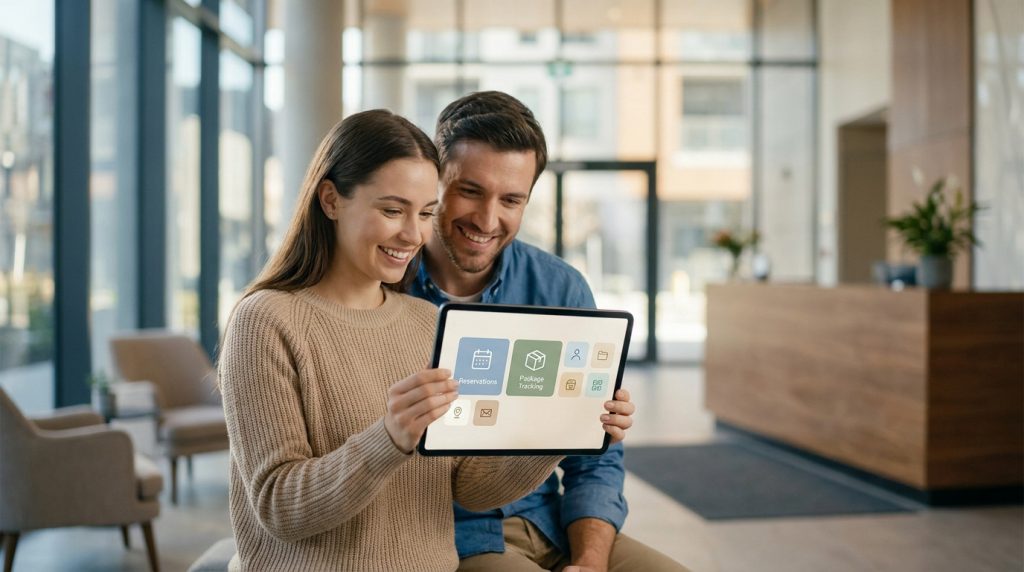 Un couple sourit en consultant l'interface de l'application UrbaMate sur une tablette dans un hall d'immeuble moderne.