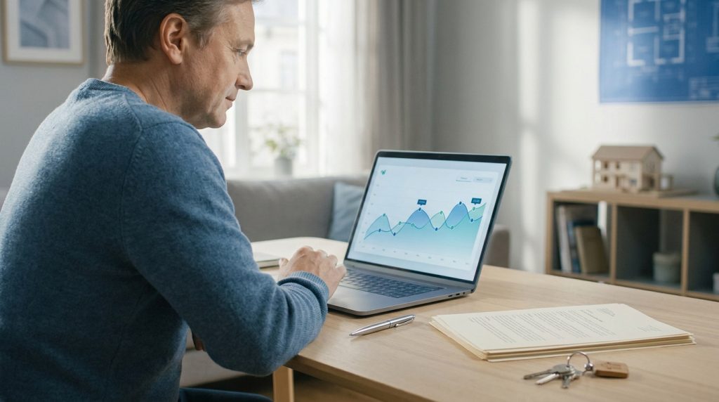 Simulateur frais notaire : calculez vos frais réels en 2026 Un homme consulte un graphique financier sur son ordinateur portable pour calculer ses frais de notaire.