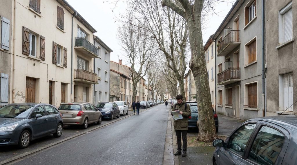 Quartier à éviter à Joué-lès-Tours : l’essentiel en 2026 Un homme regarde un plan dans une rue résidentielle bordée d'immeubles anciens et d'arbres dénudés en hiver.
