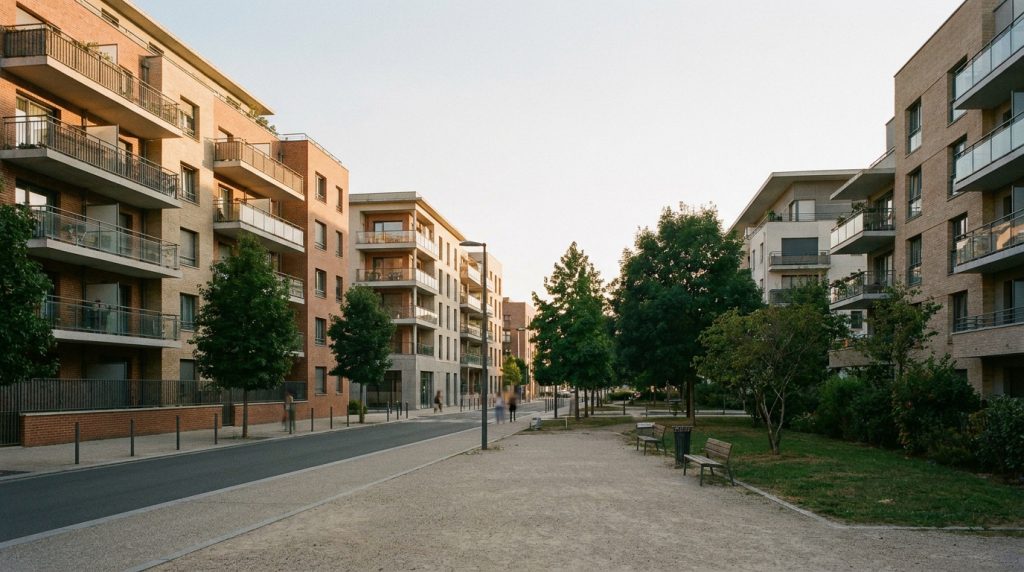 Quels sont les quartiers à éviter à Élancourt en 2026 ? Rue pavée bordée d'immeubles résidentiels modernes en briques et espaces verts à Élancourt.