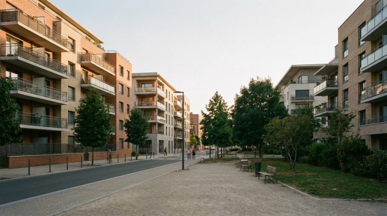 Rue pavée bordée d'immeubles résidentiels modernes en briques et espaces verts à Élancourt.