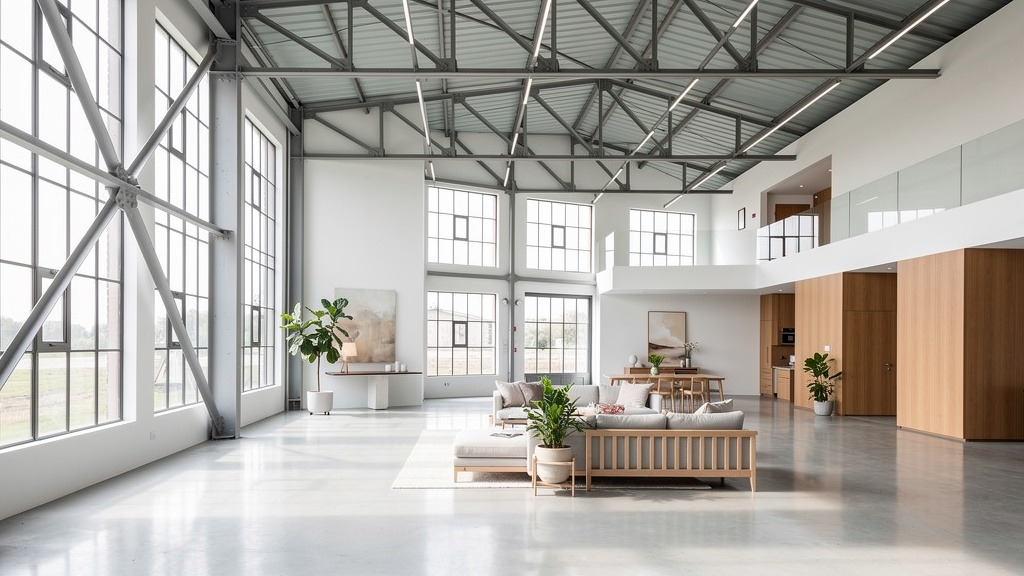 Intérieur rénové d'un hangar transformé en logement
