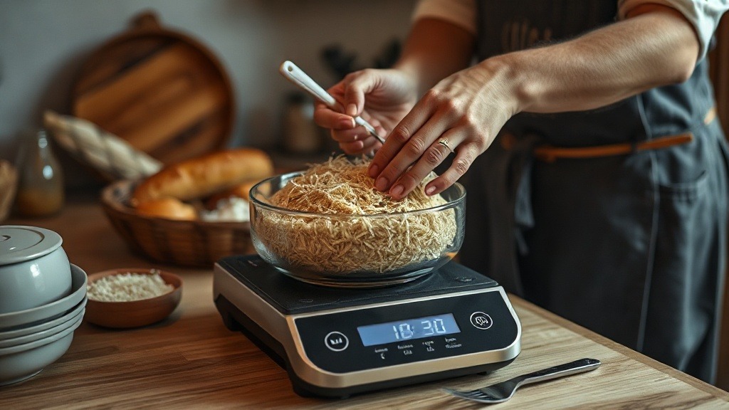 Personne pesant de la farine sur une balance de cuisine électronique