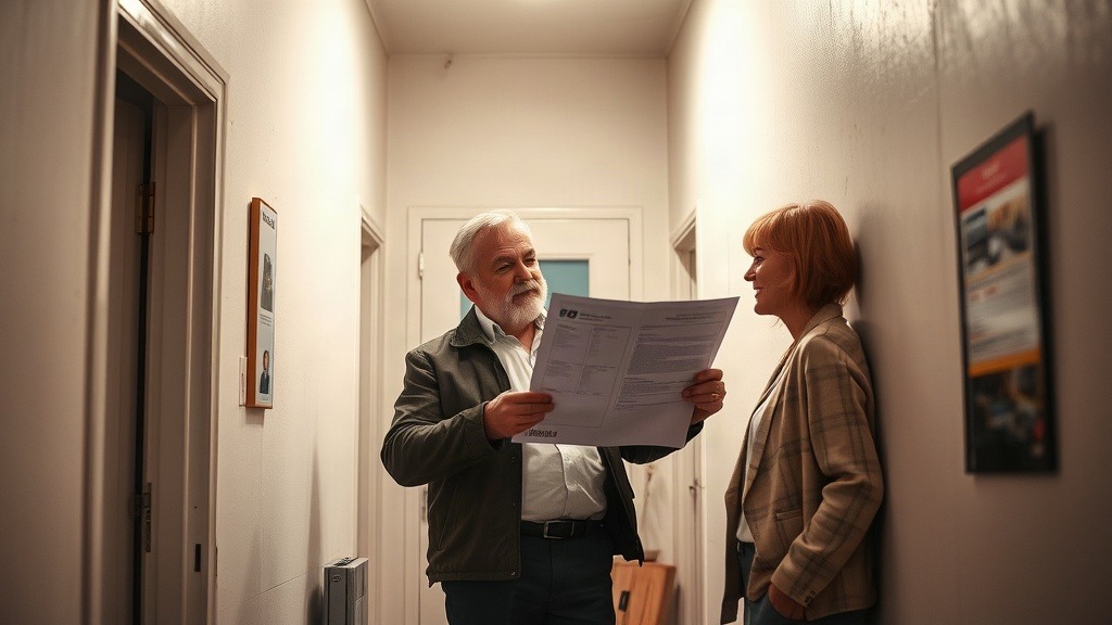 Syndic présentant un devis de travaux à un copropriétaire dans un couloir d'immeuble