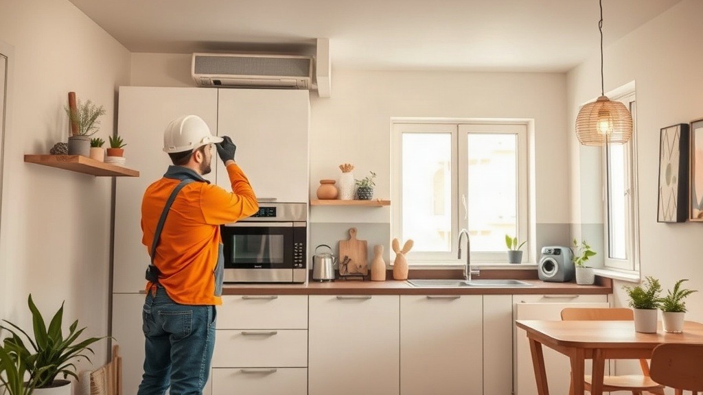 Technicien installant une VMC double flux dans la cuisine d'un appartement