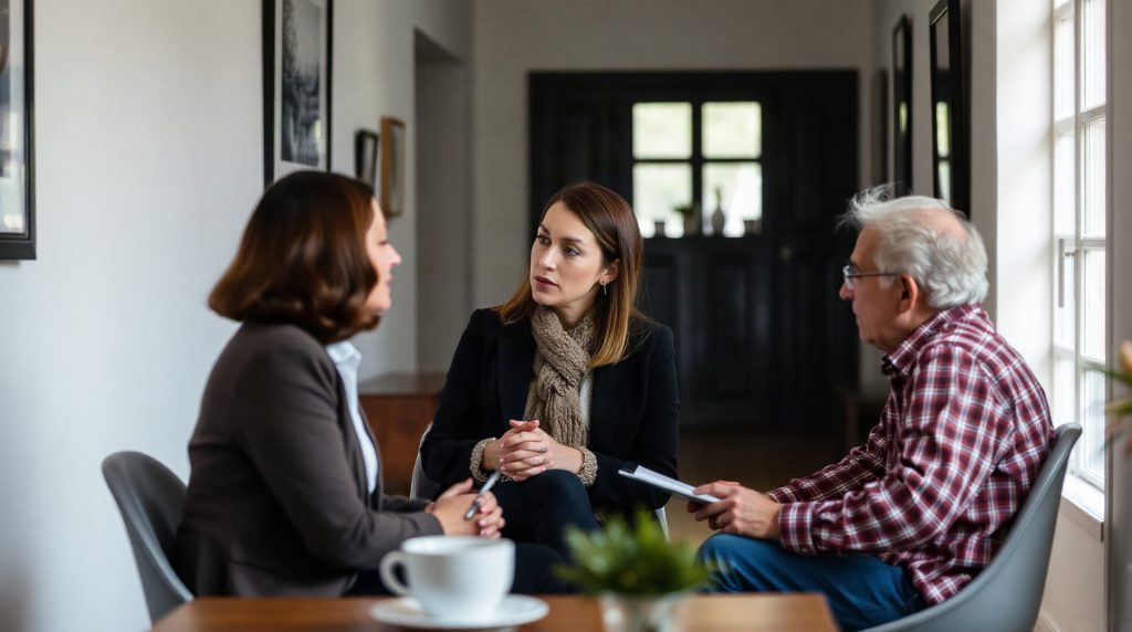 Conseillère immobilière avec des clients en agence