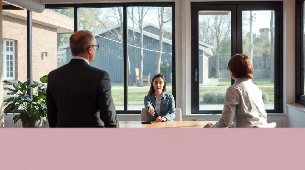 Conseiller immobilier accueillant un couple en agence à Strasbourg