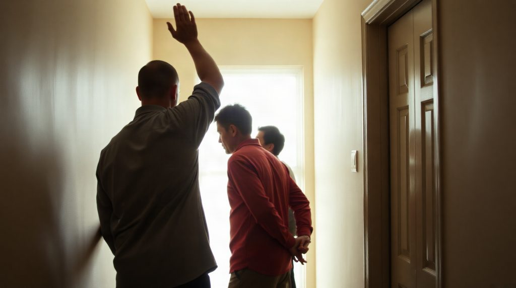 Deux voisins en désaccord dans un couloir d'immeuble résidentiel