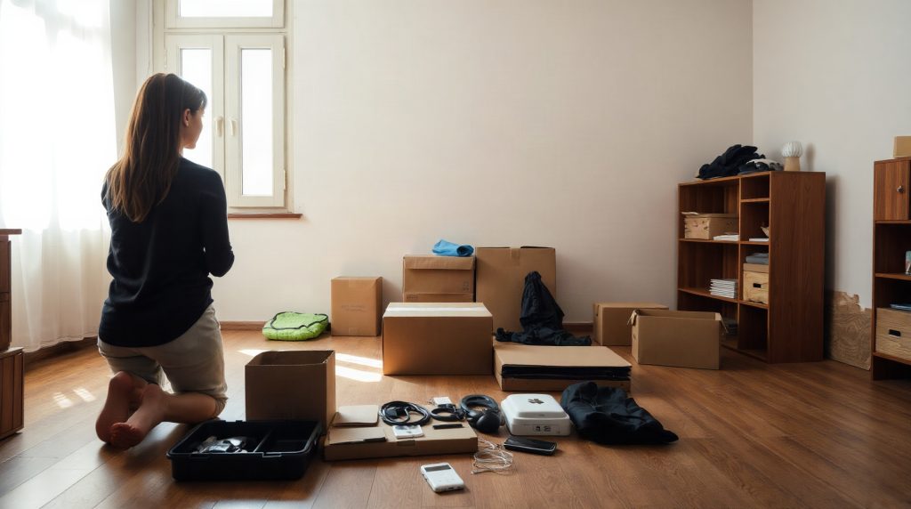 Famille triant des affaires et des souvenirs dans le salon d'une maison vide après un décès