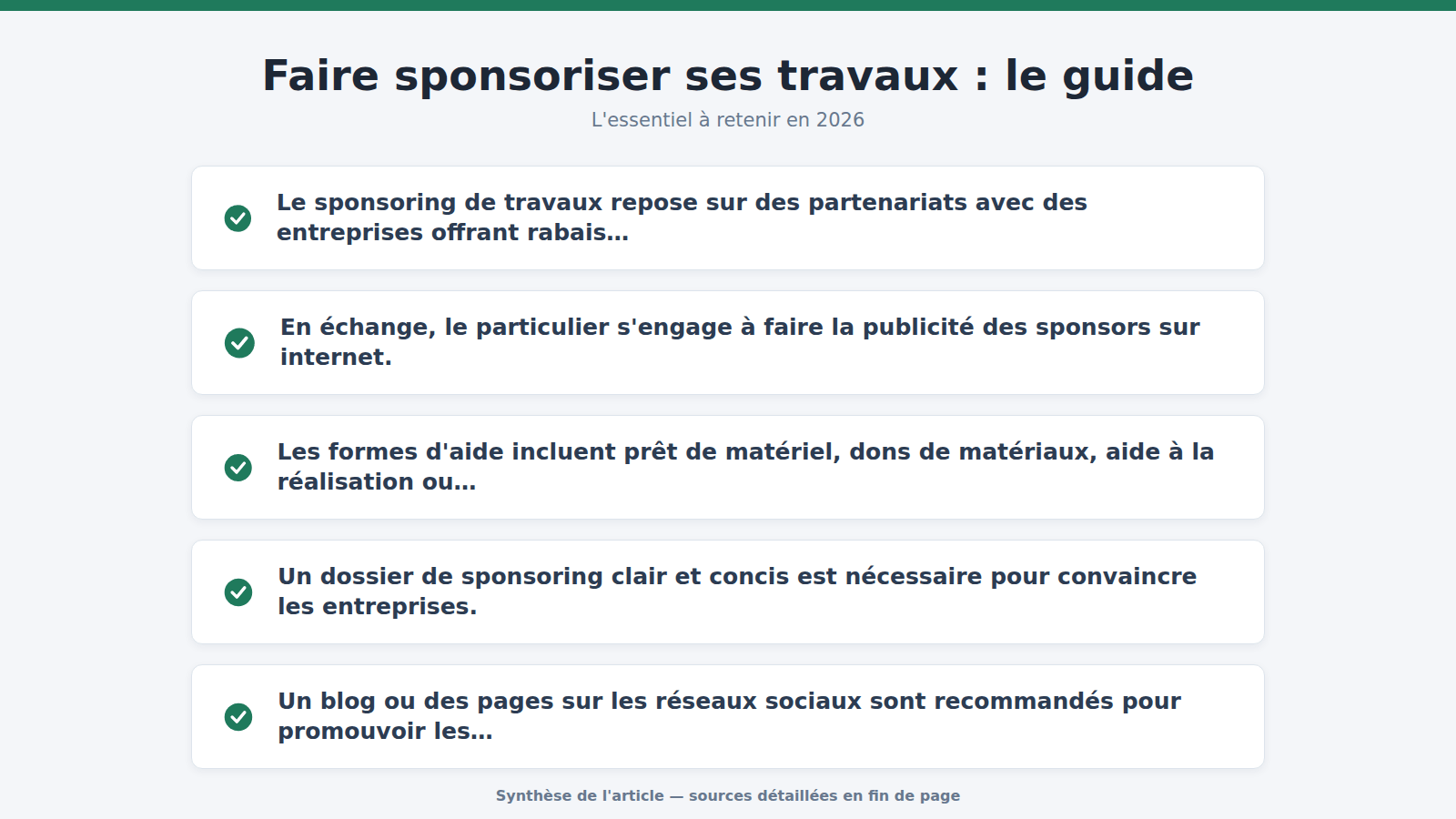 Faire sponsoriser ses travaux : le guide : l'essentiel à retenir (2026)