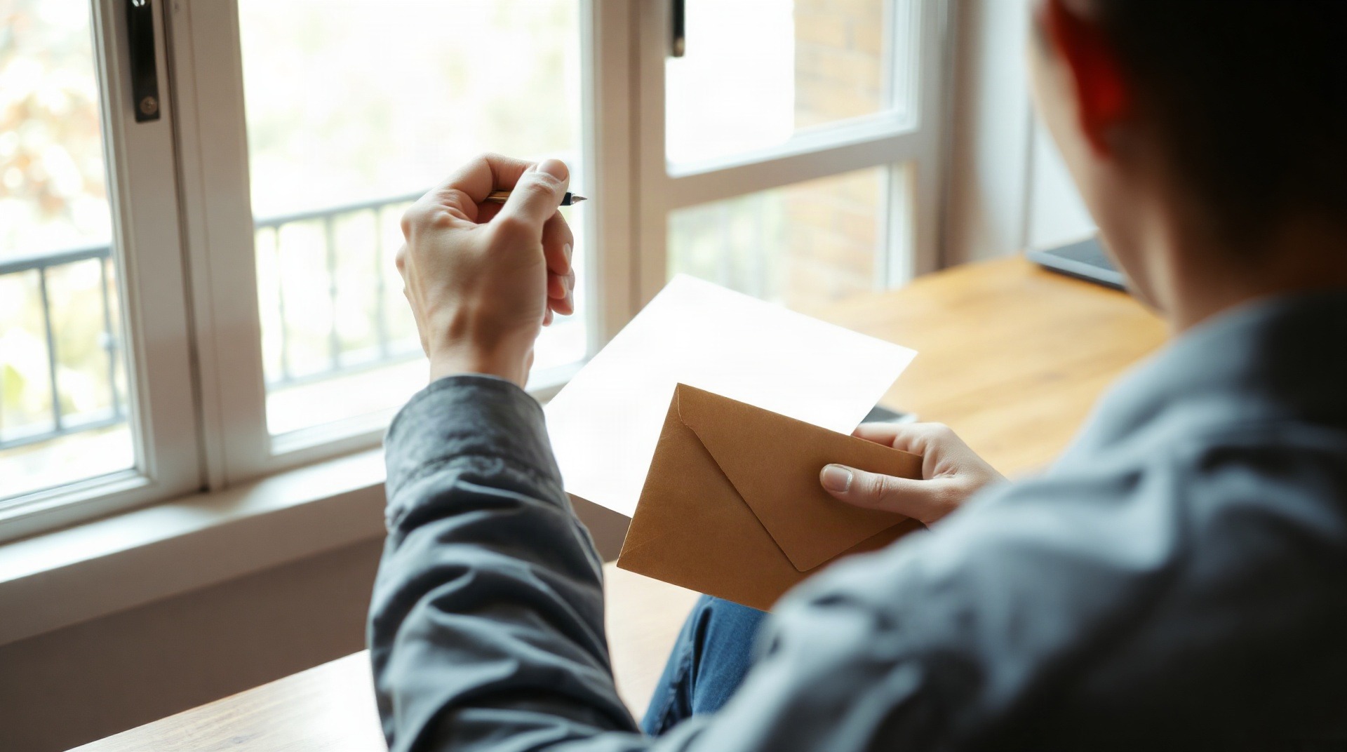 Personne rédigeant un courrier recommandé à son bureau