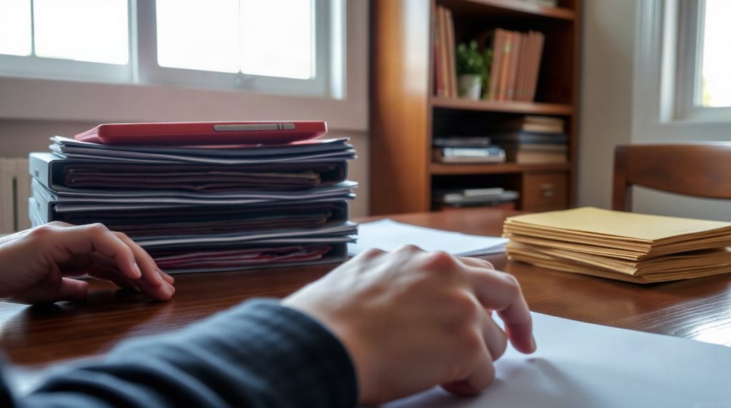 Propriétaire consultant ses déclarations fiscales avant une vente immobilière