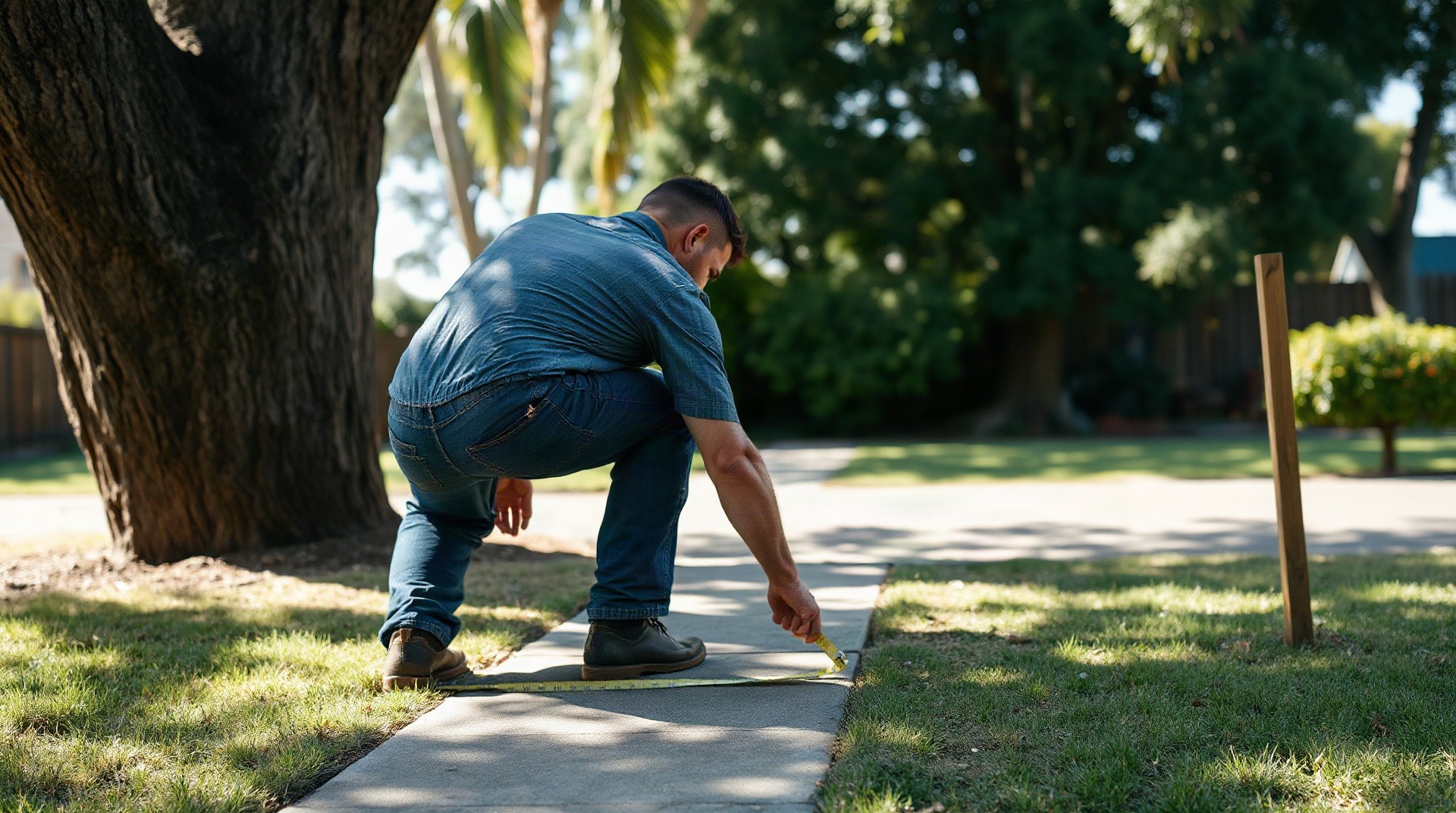 Propriétaire mesurant la distance entre un arbre et la limite de son terrain