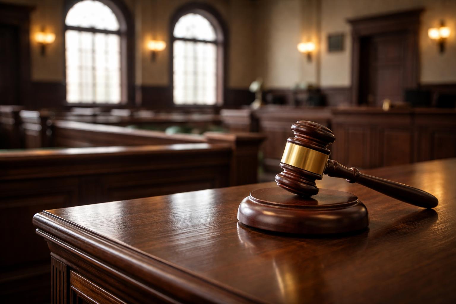 Marteau de commissaire-priseur posé sur un bureau de tribunal