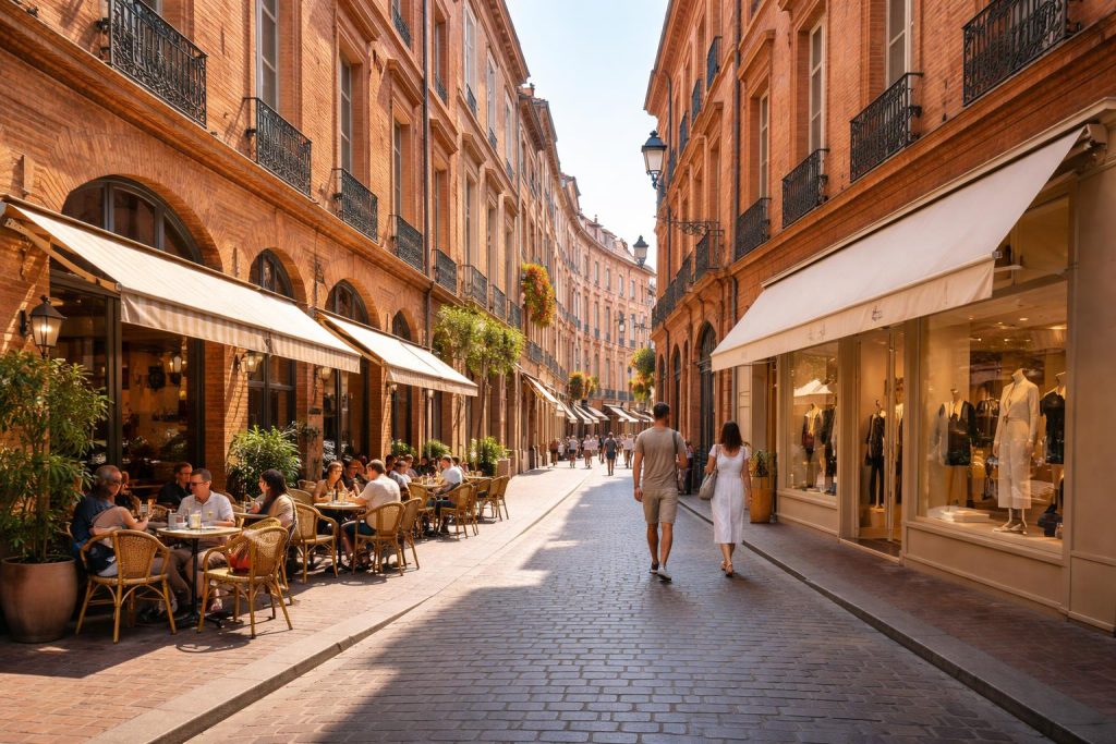 Rue commerçante du centre de Toulouse avec terrasse de café et boutiques en rez-de-chaussée d'immeubles en brique