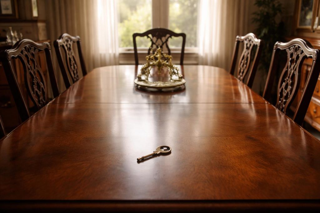 Réunion de famille autour d'une table avec documents de succession