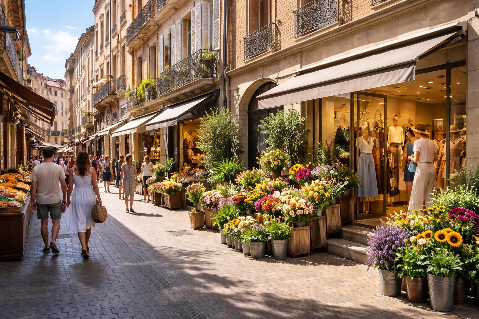 Rue piétonne avec fleuriste et boutiques de prêt-à-porter en rez-de-chaussée