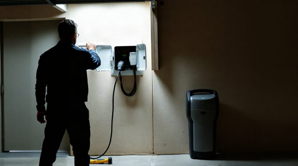 Technicien installant une borne de recharge électrique dans un garage